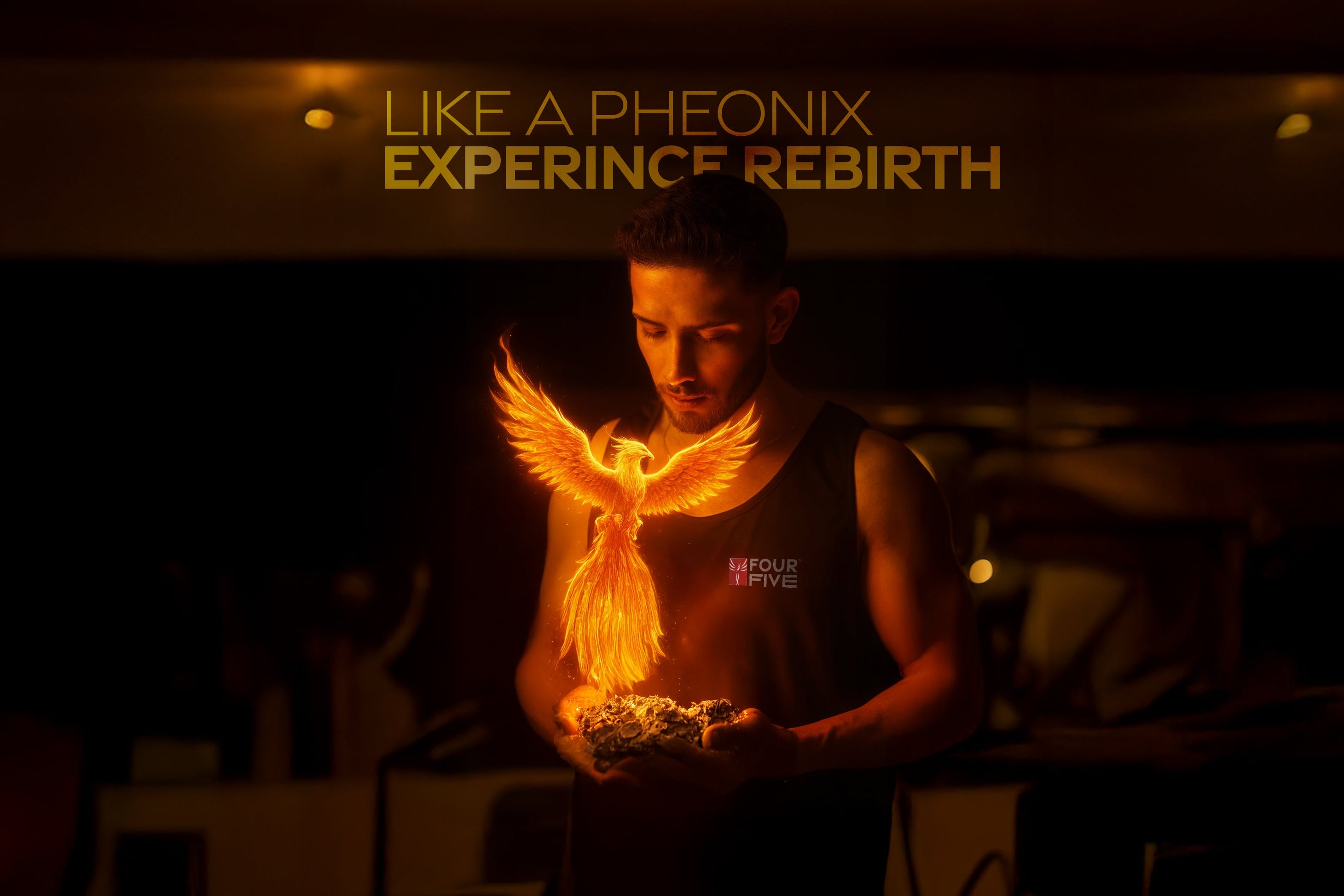 Man holding a glowing phoenix figure with text 'Like a Phoenix Experience Rebirth' in a dark setting.